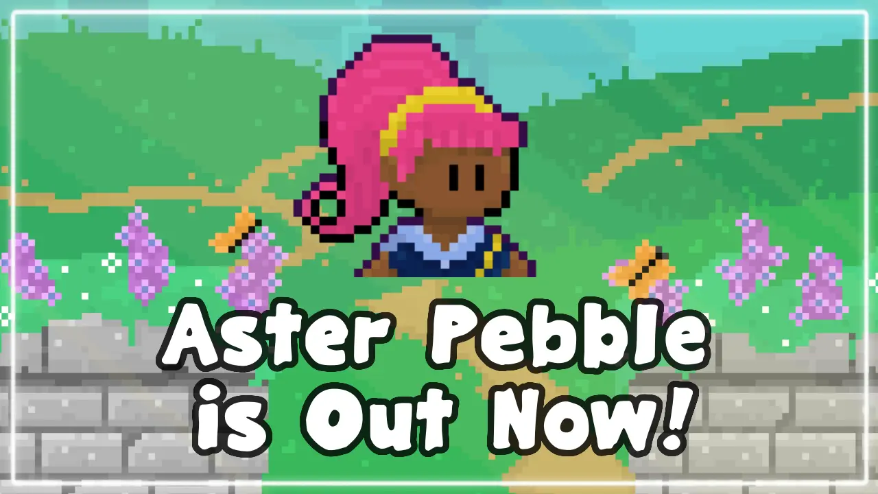 The thumbnail feature image for Aster Pebble and the Case of Bad Bureaucracy. It features text and the protagonists face on a grassy pixel art backround. The text reads: Aster Pebble is Out Now!
