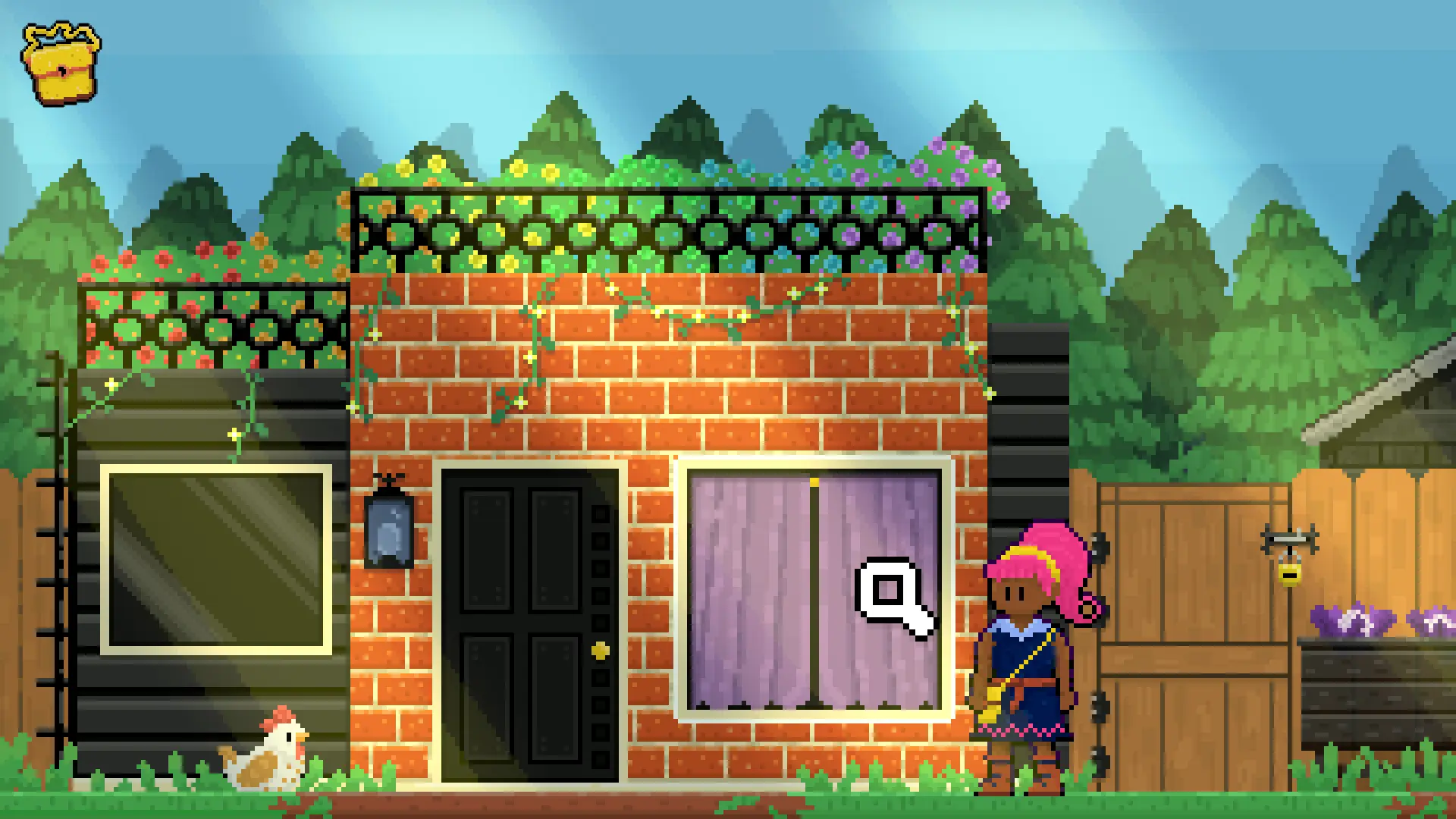 A pixel art screenshot from Aster Pebble and the Case of Bad Bureaucracy of a pink haired young woman standing in front of a tiny home. There is a chicken on the grass, and rainbow flowers and other greenery on the house. A big fence surrounds the house and there are many silhouette pinetrees in the background.