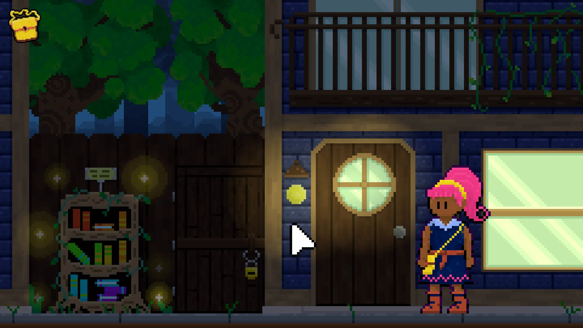 A pixel art screenshot from Aster Pebble and the Case of Bad Bureaucracy of a pink haired young woman standing in front of a house at night. The house lights are on and next to the house is a small book shelf made out of a tree.