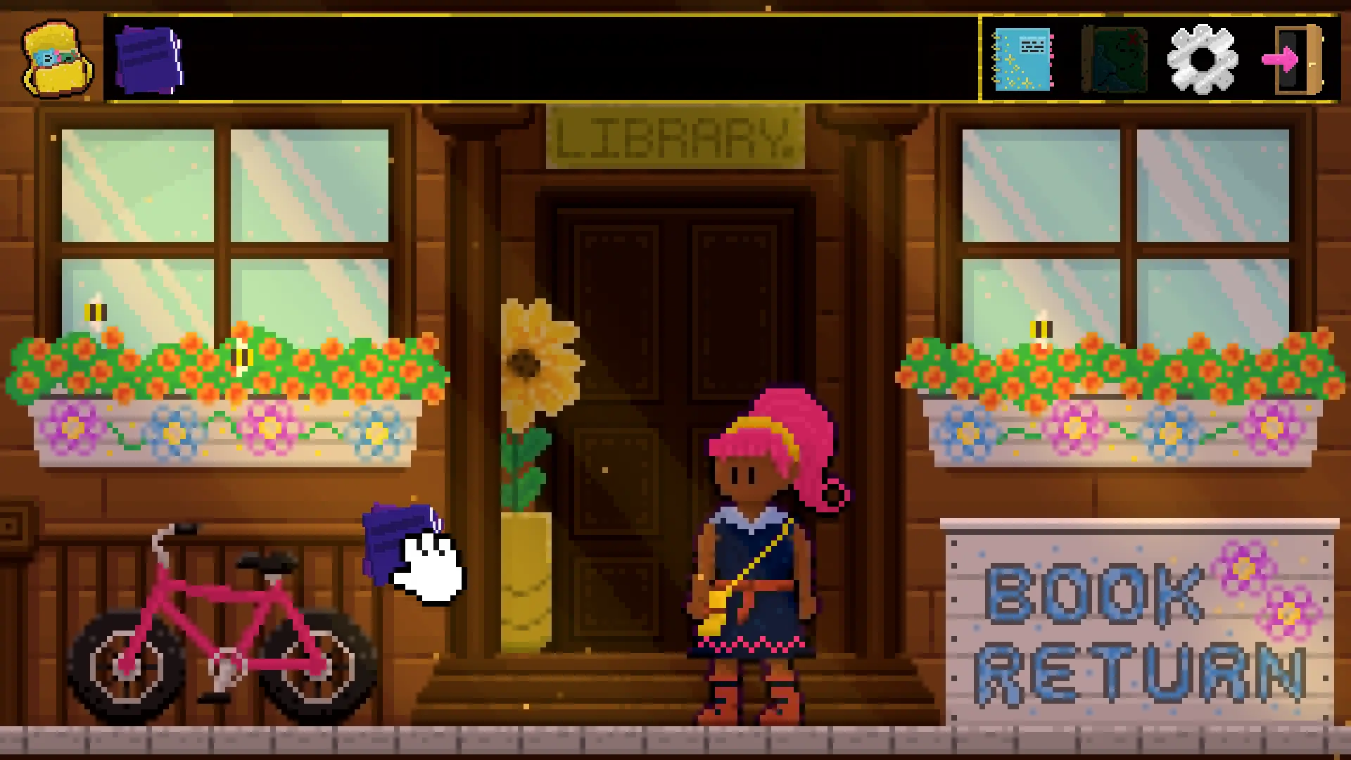 A pixel art screenshot from Aster Pebble and the Case of Bad Bureaucracy of a pink haired young woman standing in front of a library. There is a pink bike, very large flower, and more flowers in window planters on the library. A book return box sits in the bottom right corner and the cursor is dragging a book item over to it.
