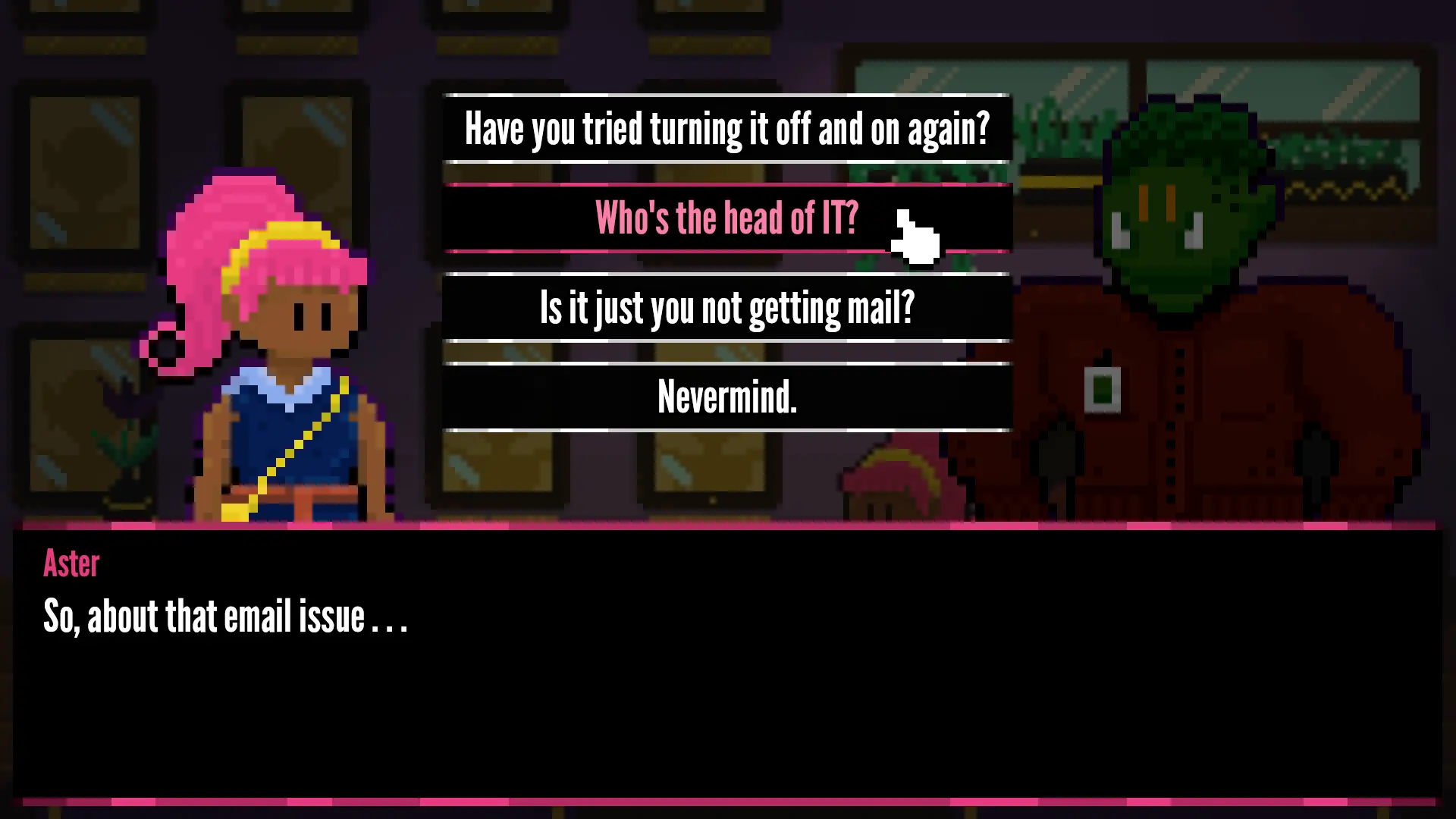 A pixel art screenshot from Aster Pebble and the Case of Bad Bureaucracy of a pink haired young woman having a conversation with a large Orc. Dialogue options sit between them.