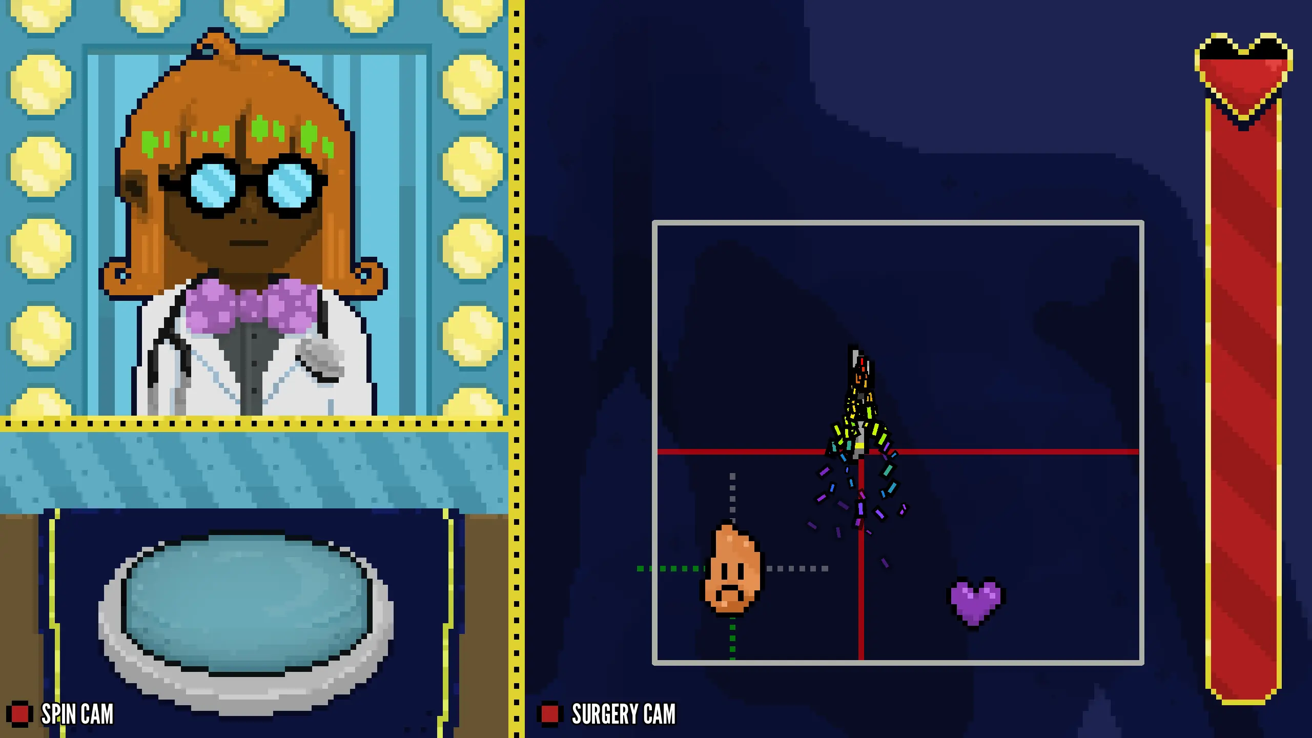 A screenshot from the indie FOSS game Spin-ectomy showing a game screen with 3 sections. In the top left, a commentator stares with a focused face, in the bottom left, a button is pressed down with a label that says "Spin Cam", and on the right side we see a cartoony surgery where a scalpel is cutting across the screen with a stream of rainbow confetti trailing behind it.