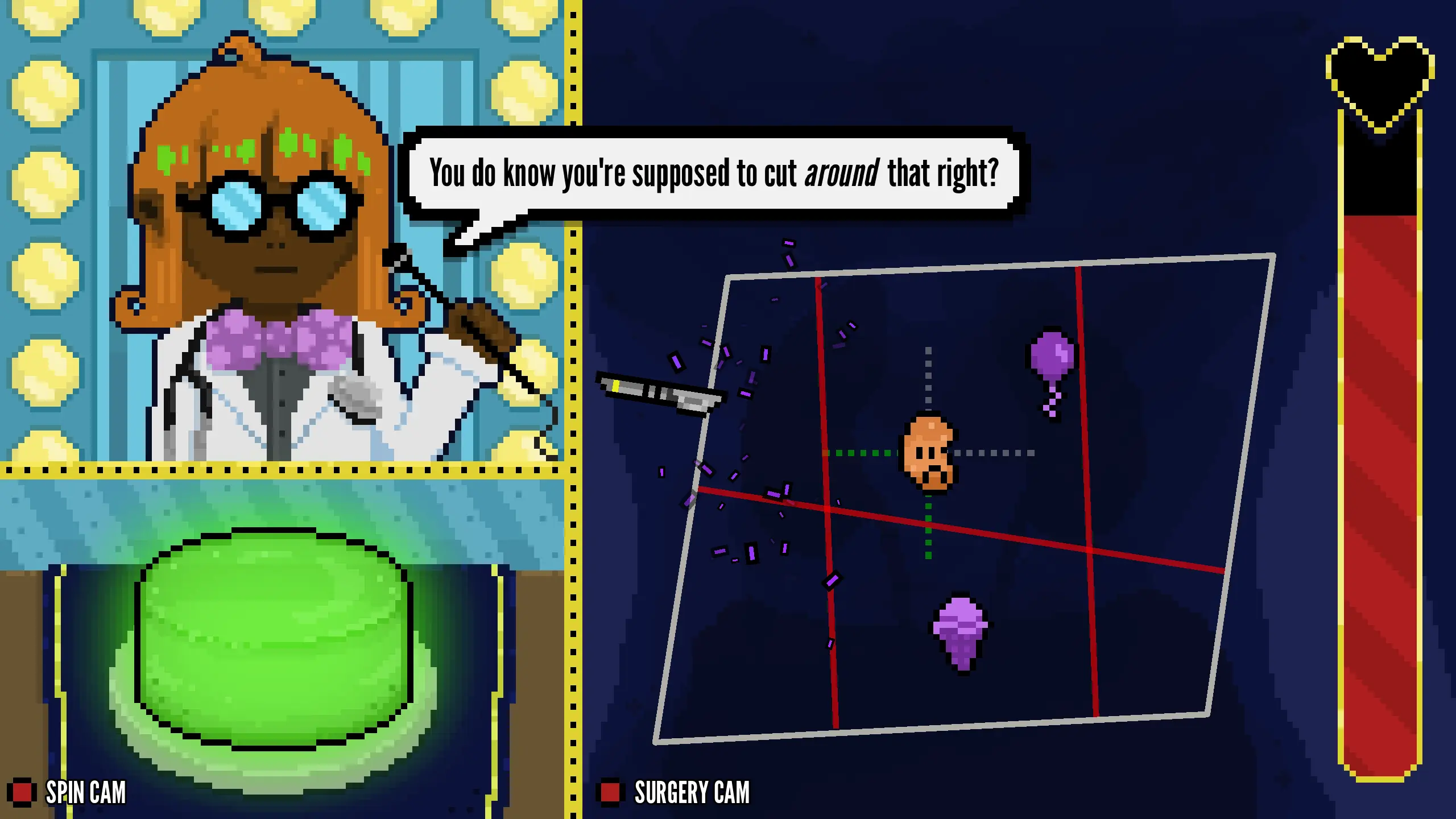 A screenshot from the indie FOSS game Spin-ectomy showing a game screen with 3 sections. In the top left, a commentator comments "You do know you're supposed to cut around that right?", in the bottom left, a green lit up button is waiting with label that says "Spin Cam", and on the right side we see a cartoony surgery where a scalpel is surrounded with confetti after hitting a sad organ.