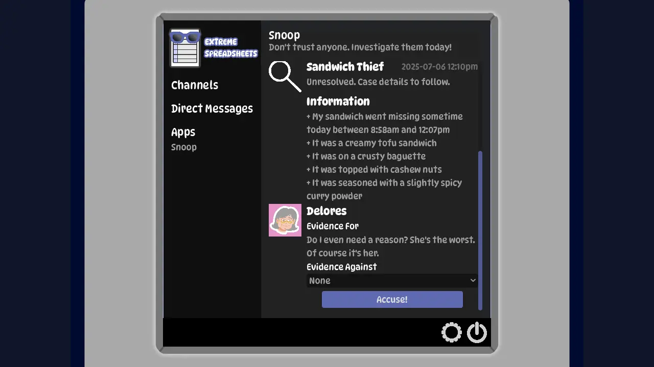 A screenshot from the indie FOSS game The No Good Sandwich Thief showing the in-chat Snoop app. Delores is a prime suspect of this case.