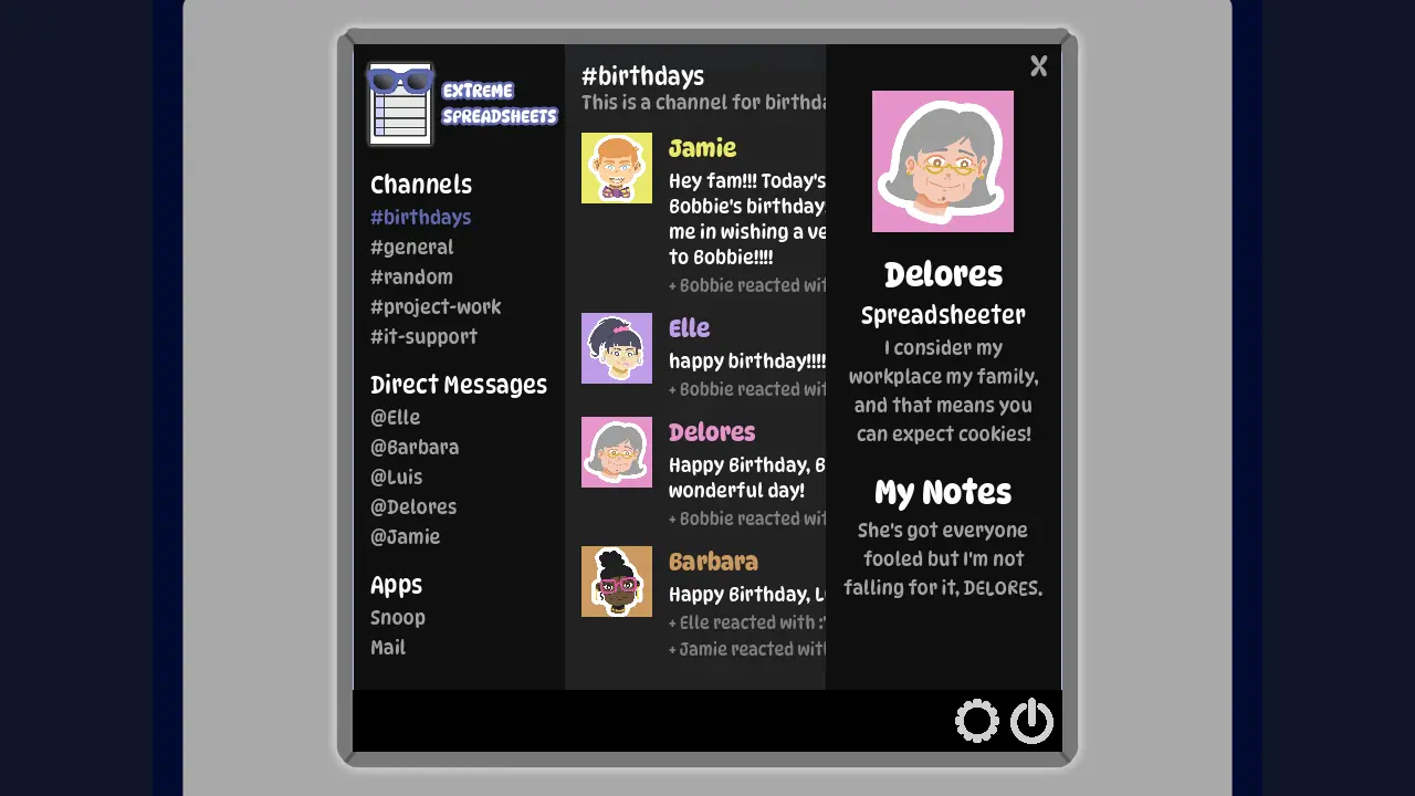 A screenshot from the indie FOSS game The No Good Sandwich Thief showing the bio panel of Delores. Behind the panel a chat-like window can be see.